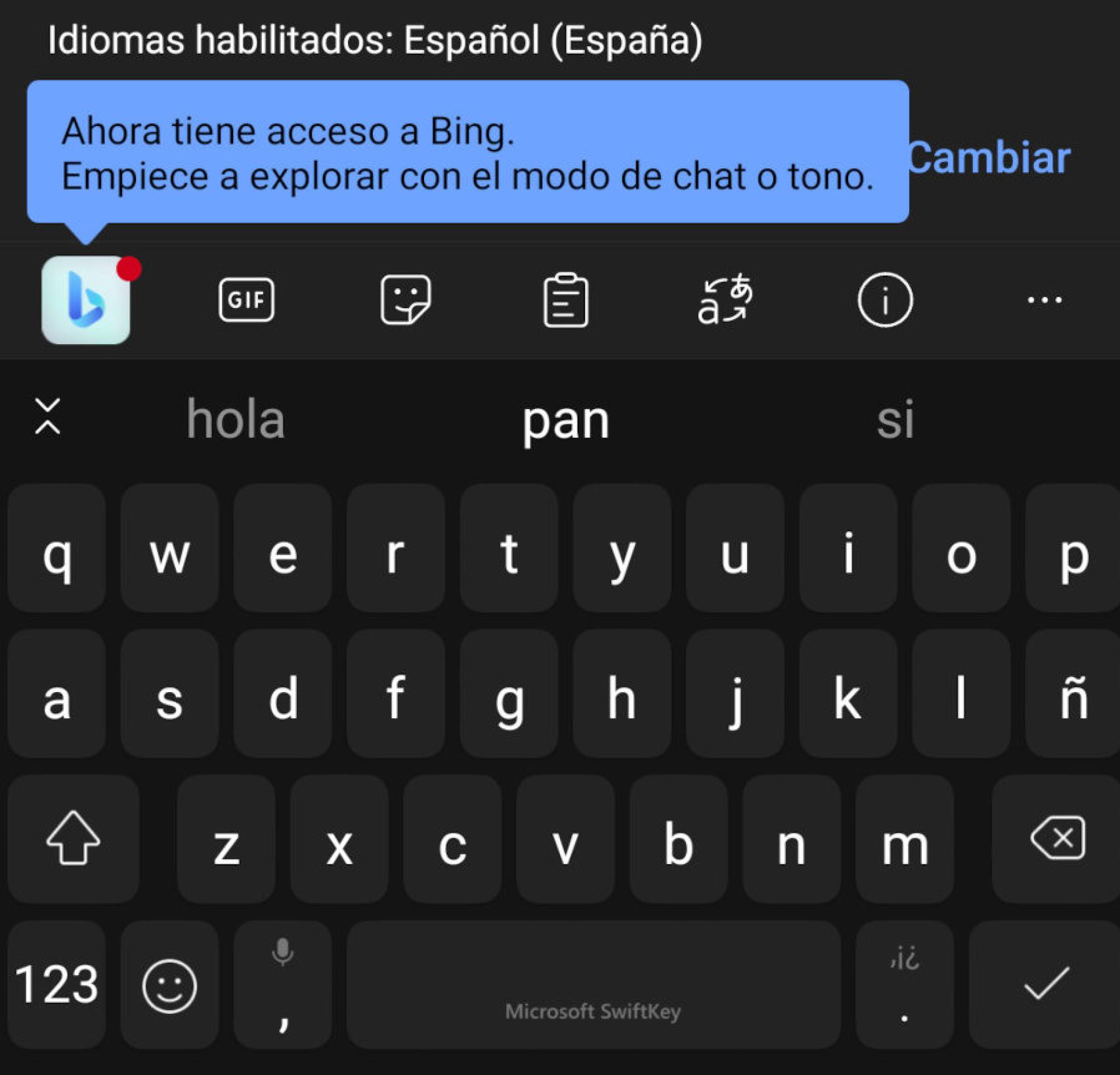 El botón de Bing en SwiftKey ofrece acceso a su Inteligencia Artificial