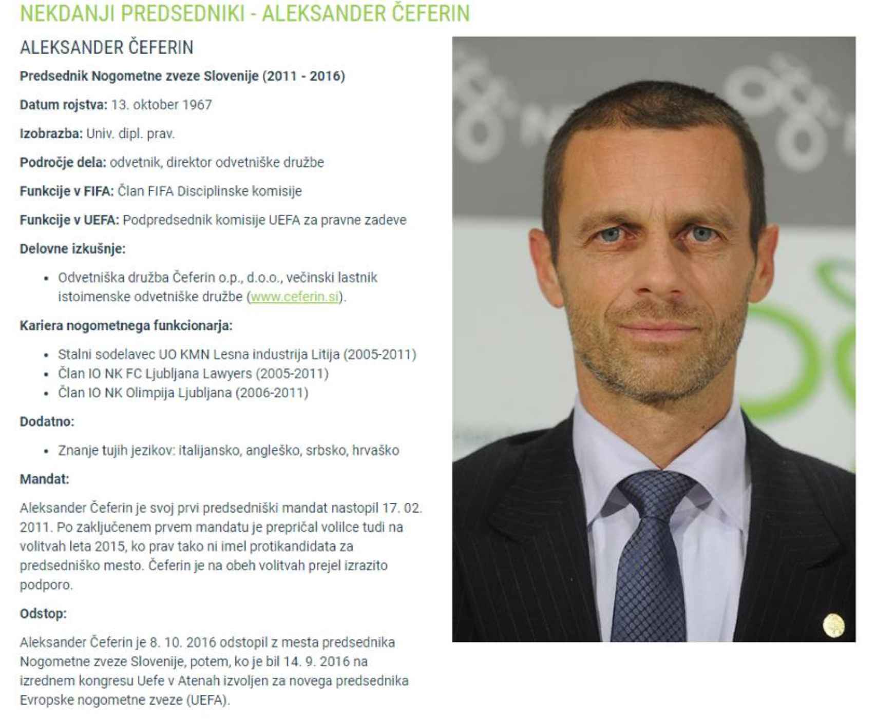 Currículum de Aleksander Ceferin, en la web de la Federación Eslovena de Fútbol