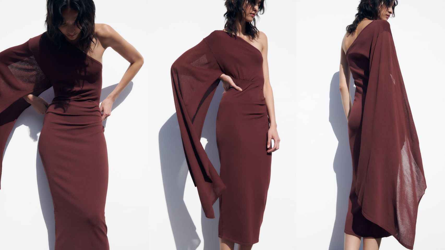 Vestido asimétrico con capa de Zara (39,95 €)