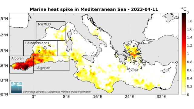 El aumento de la temperatura superficial del mar, a 11 de abril.