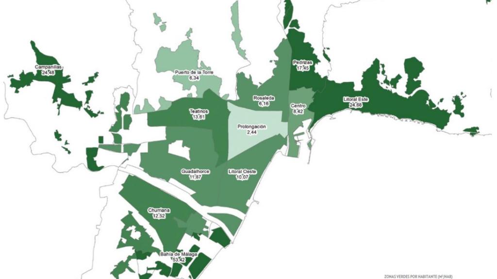 Mapa zonas verdes de Málaga.