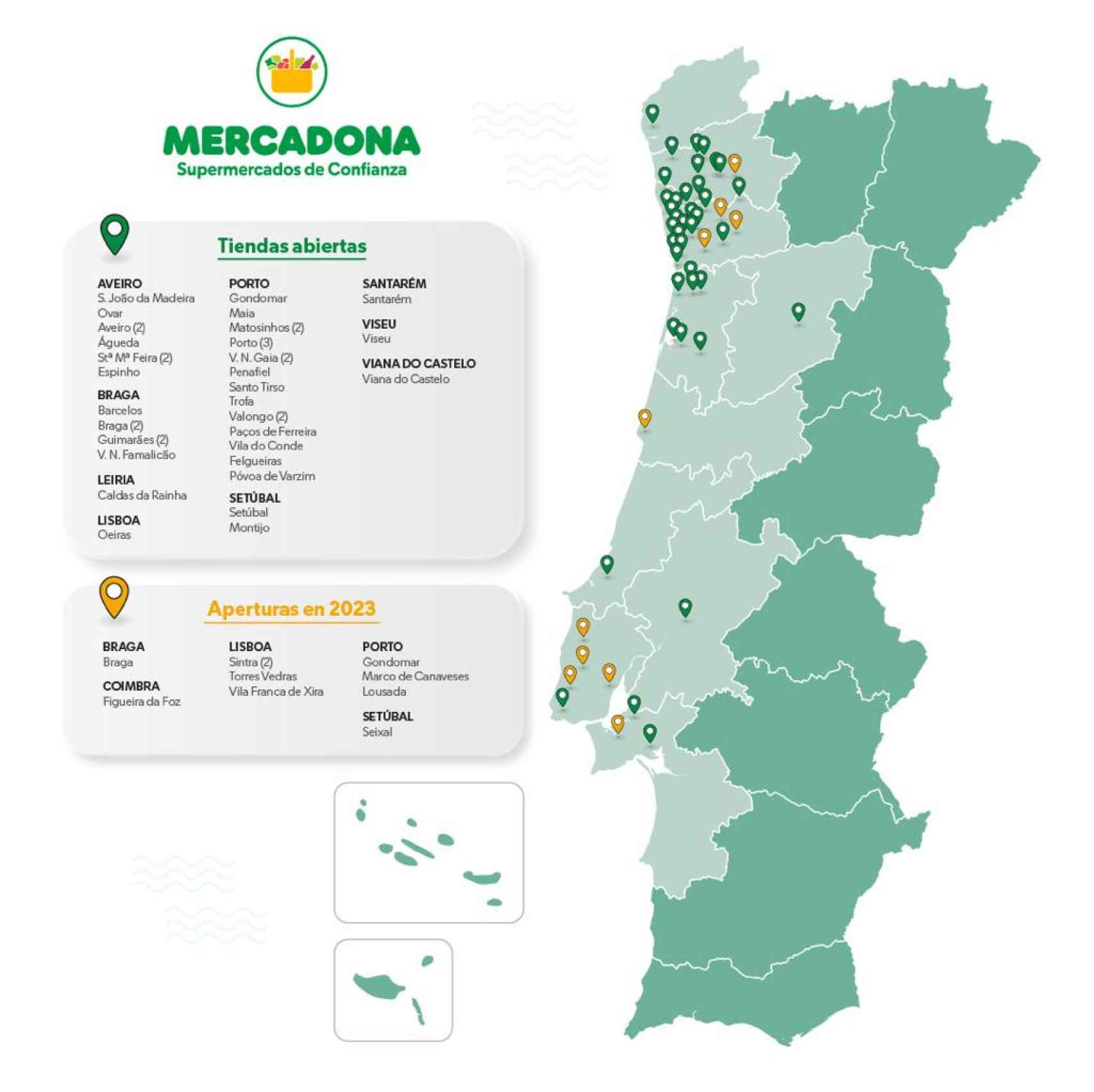 Mapa con las aperturas y las tiendas preexistentes de Mercadona en Portugal. EE