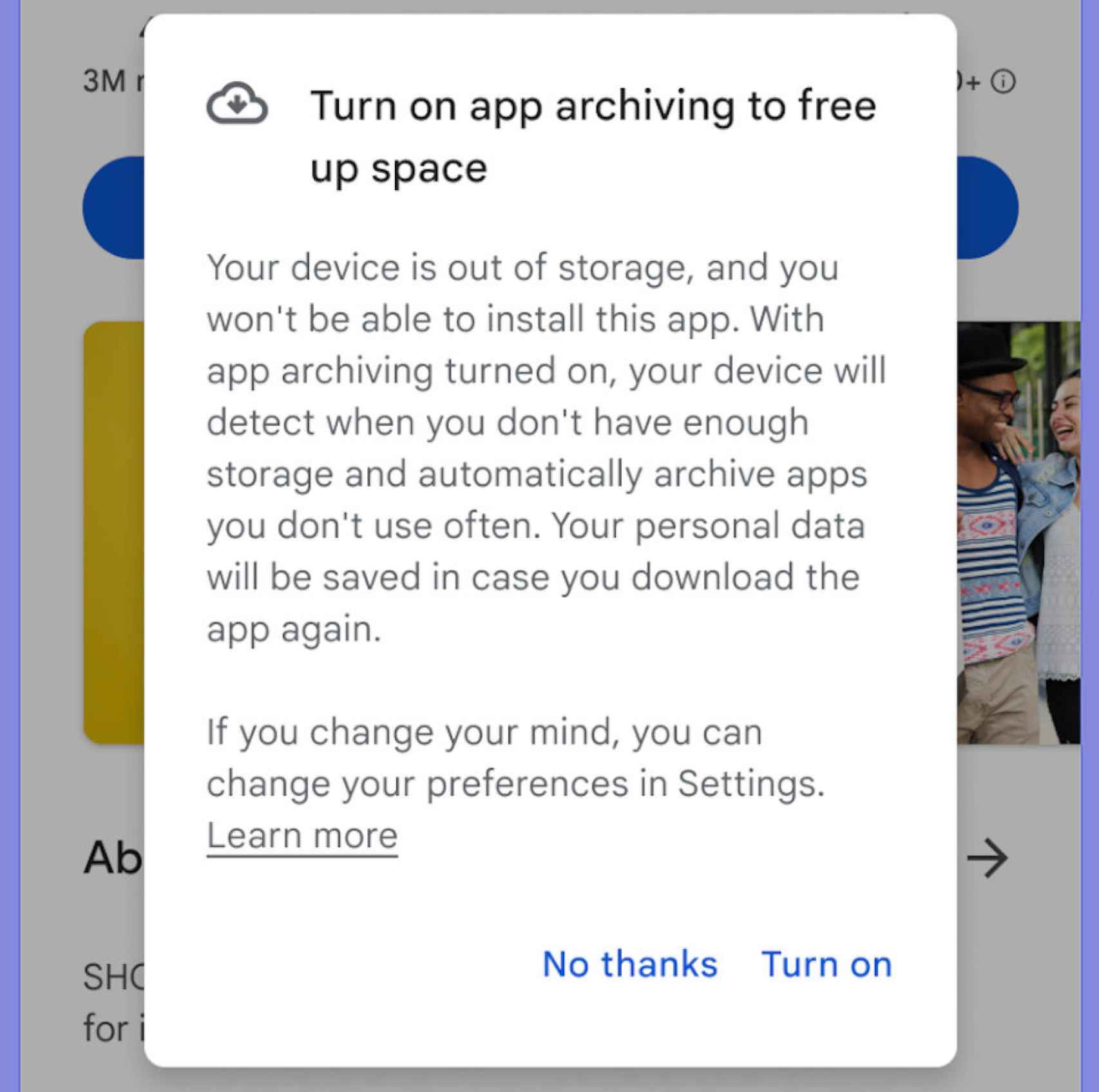 El aviso que nos permite activar el archivado automático de apps en Android