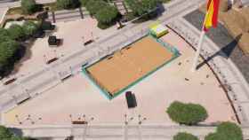 Imagen de la pista de tenis que se ha instalado en la Plaza de Colón.