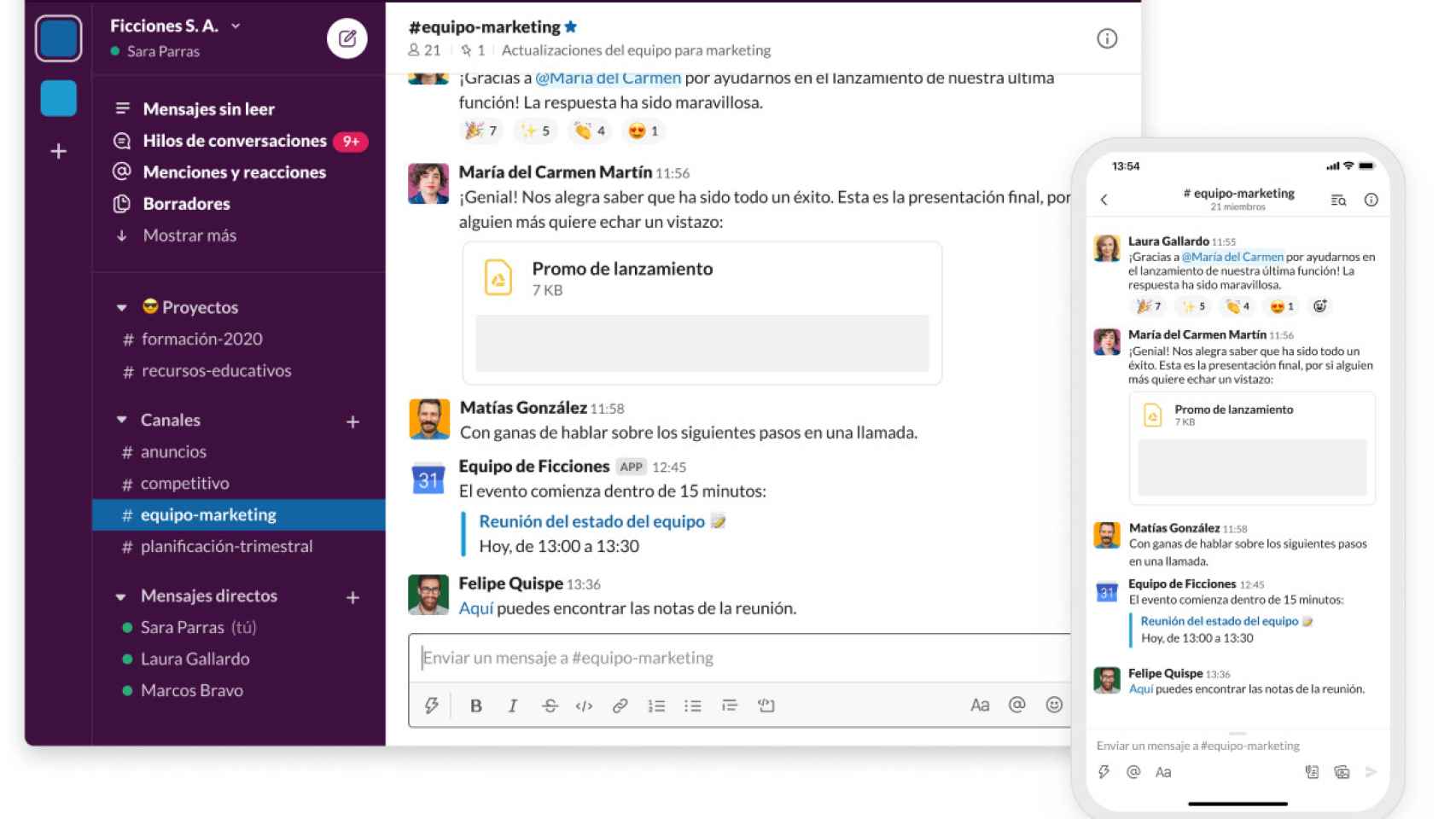 Imagen de Slack en la versión para móviles y escritorio