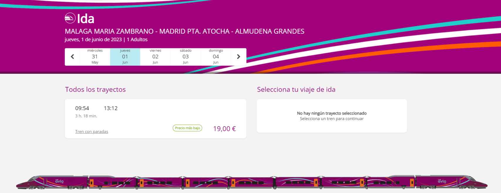 Imagen del precio ofertado para el primer viaje en AVLO desde Málaga a Madrid.