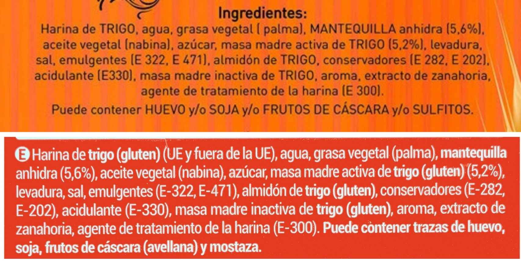 Lista de ingredientes del Cruapán de Bimbo (arriba) y del pan de croissant Hacendado (abajo)