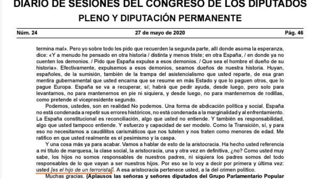 Página del Diario de Sesiones donde consta la intervención de Álvarez de Toledo./