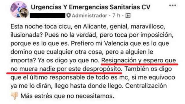 Mensaje de una locutora del SAMU de Valencia en Redes Sociales.