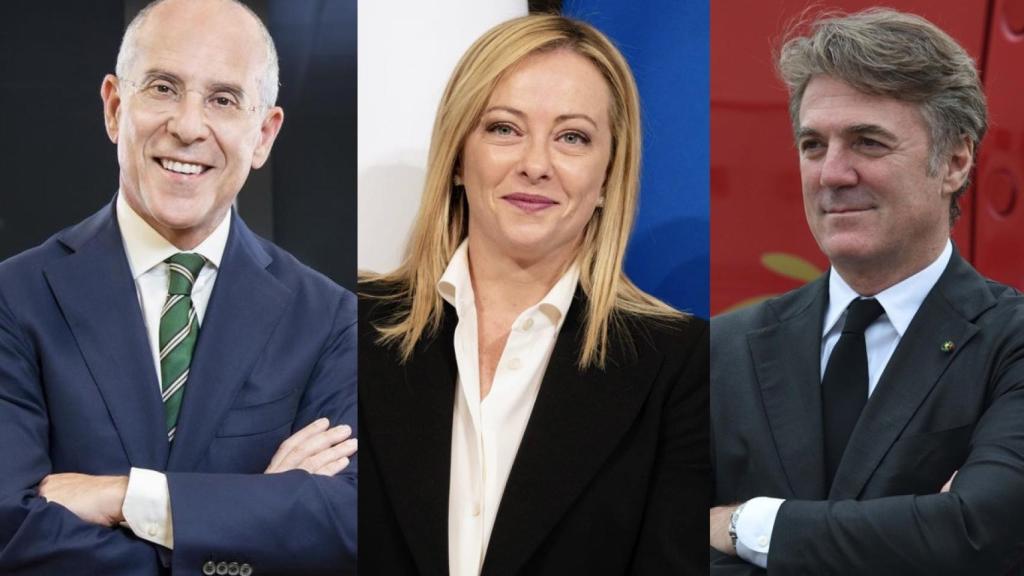 El ex CEO de Enel, Francesco Starace, la presidenta de Italia, Giorgia Meloni, y el nuevo CEO de Enel, Flavio Cattaneo.