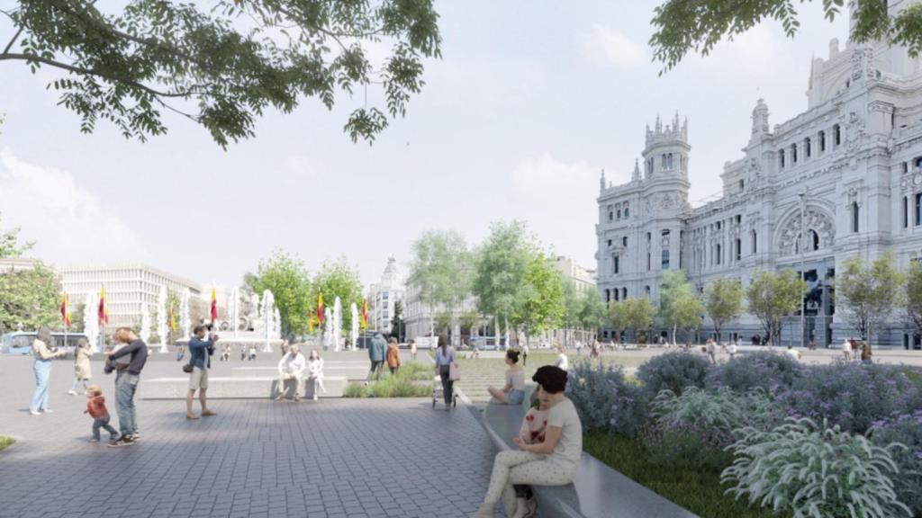 'Render' de la vista de la Plaza de Cibeles tras la transformación del eje del Prado propuesta por el PSOE.