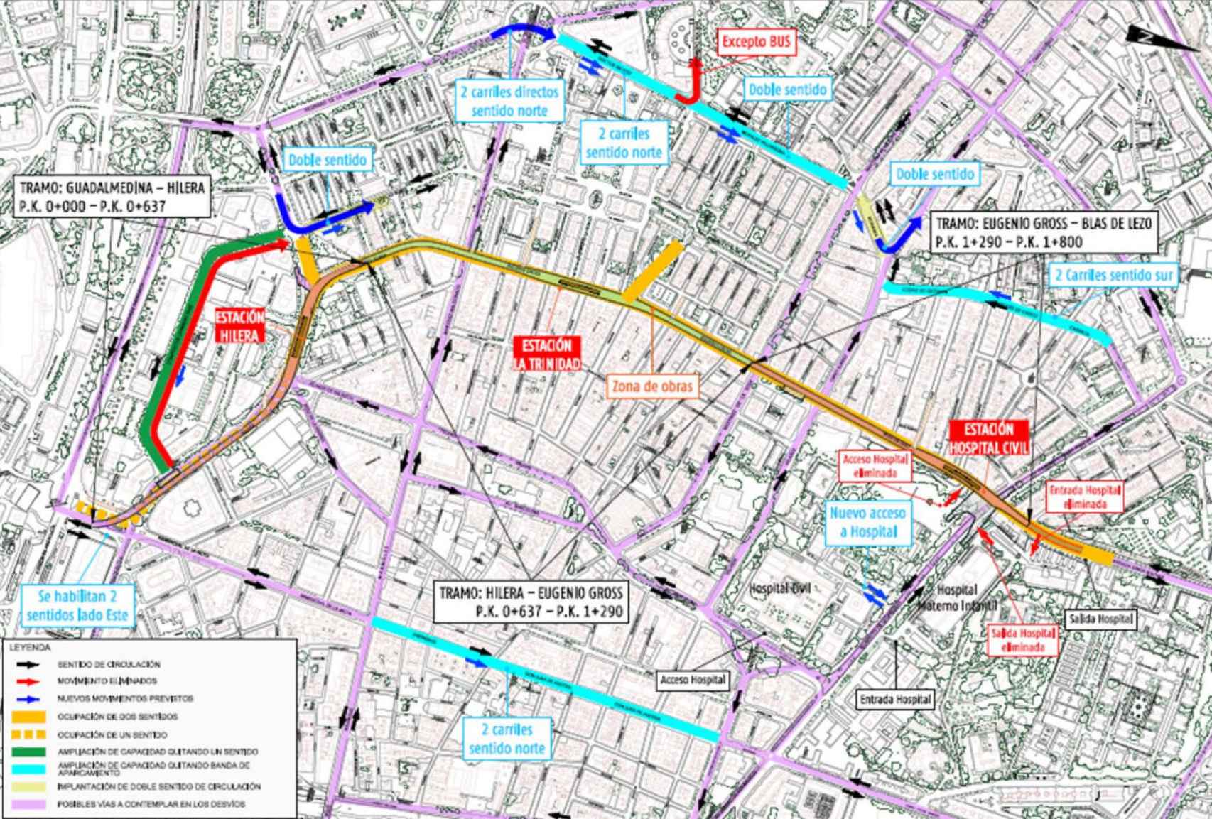 Mapa con las alternativas de tráfico previstas para la obra del Metro de Málaga al Civil.