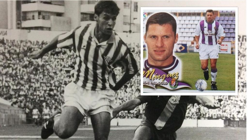 Luis Márquez con la camiseta del Betis y en un cromo con el Real Valladolid