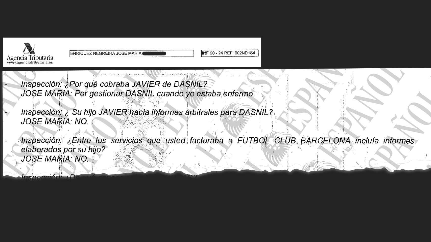 Fragmento de la declaración de José María Enríquez Negreira ante la Agencia Tributaria