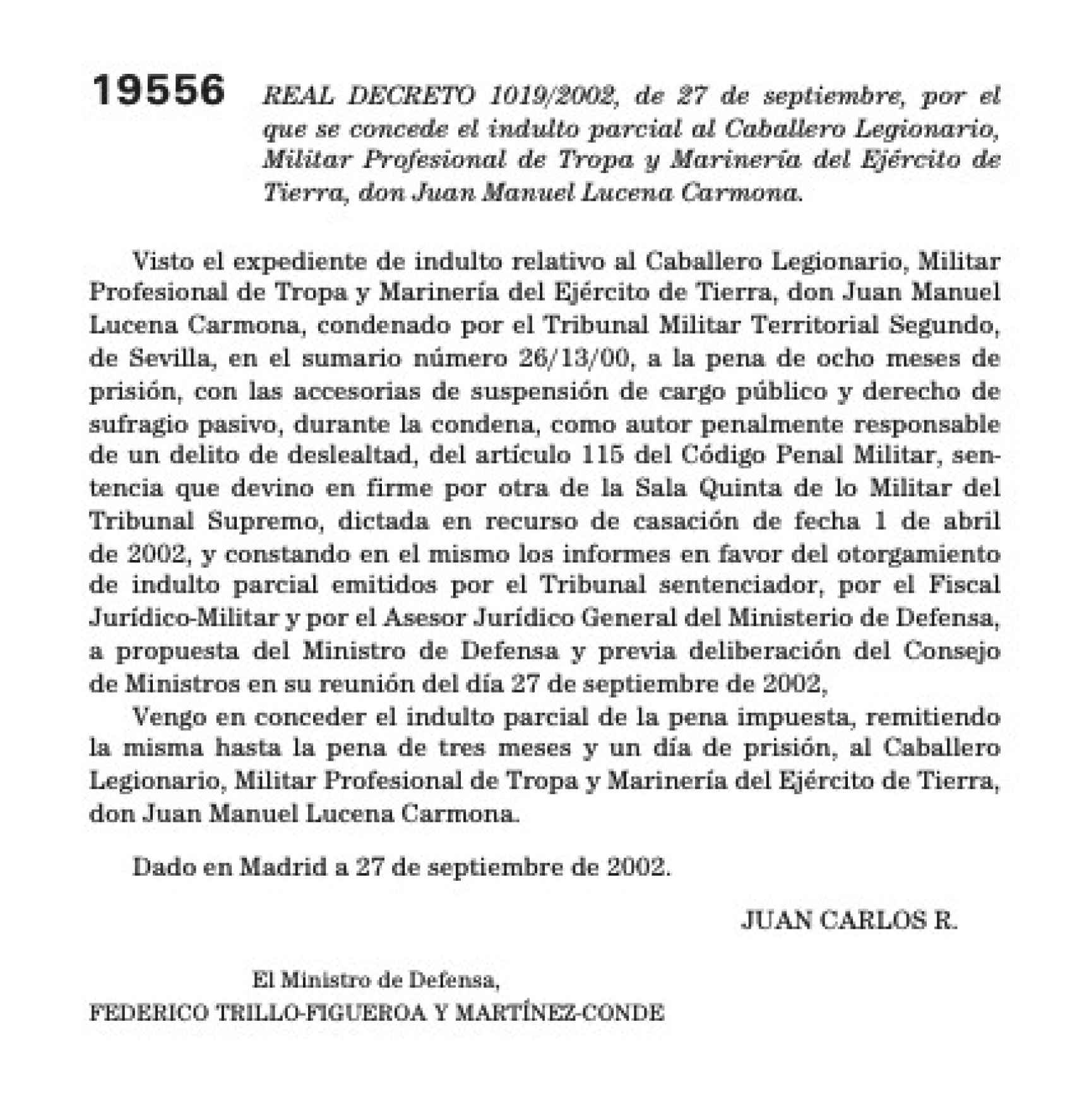 Extracto del BOE del indulto parcial a Juan Manuel Lucena Carmona.