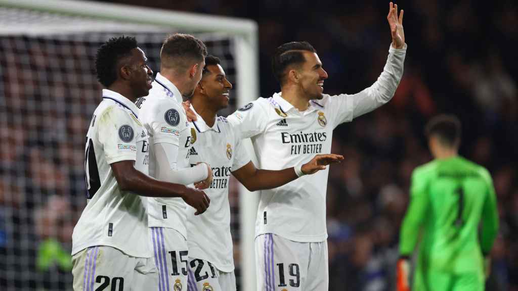 Celebración de Vinicius, Fede Valverde, Rodrygo y Dani Ceballos del segundo del '21'