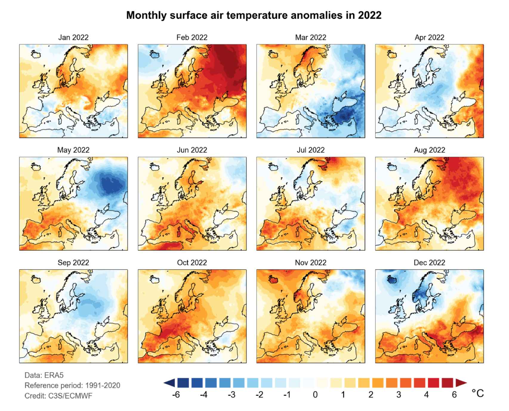 Anomalías de la temperatura media del aire en superficie para cada mes de 2022.