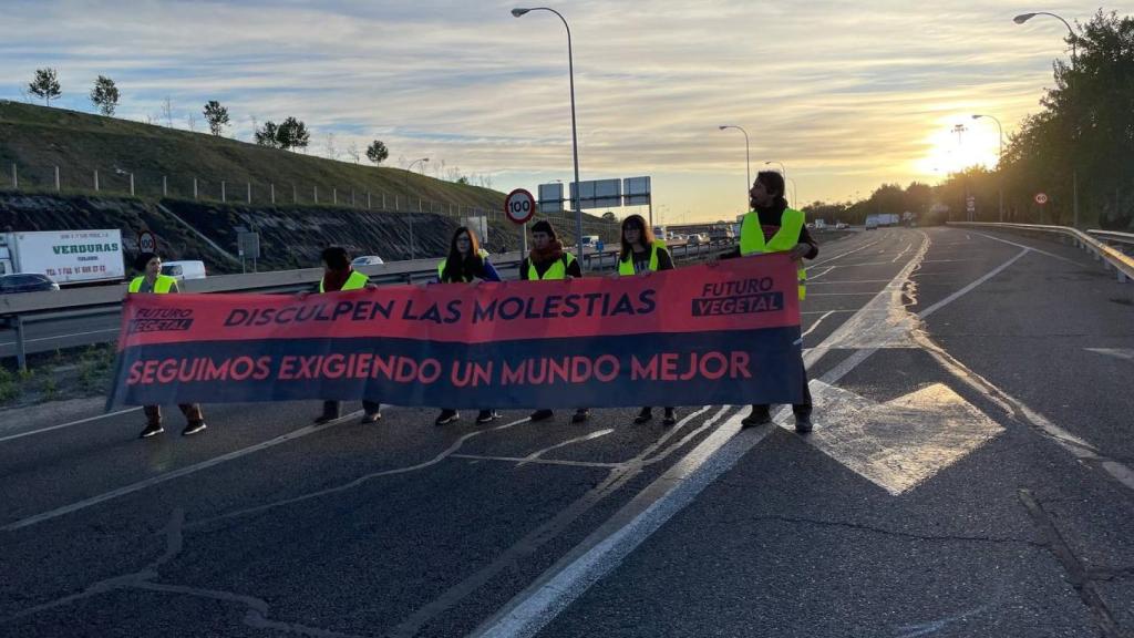 Activistas de Futuro Vegetal cortan la M-40, este miércoles.