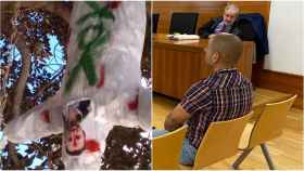 Foto del muñeco de Abascal con un tiro en la frente y del acusado de colocarlo al inicio del juicio. EE