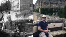 Tolkien y José Anido, sentados en el banco en el Merton College, de la universidad de Oxford, donde es típico que los aficionados al escritor británico se haganla foto en el mismo lugar.