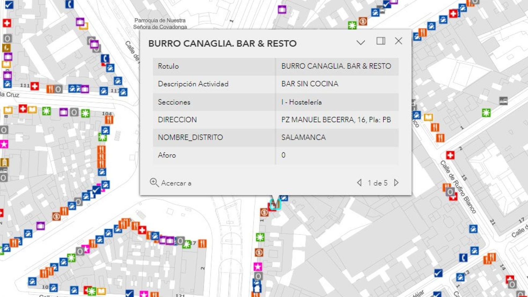 Web de censo de locales del Ayuntamiento de Madrid, con la información del Burro Canaglia