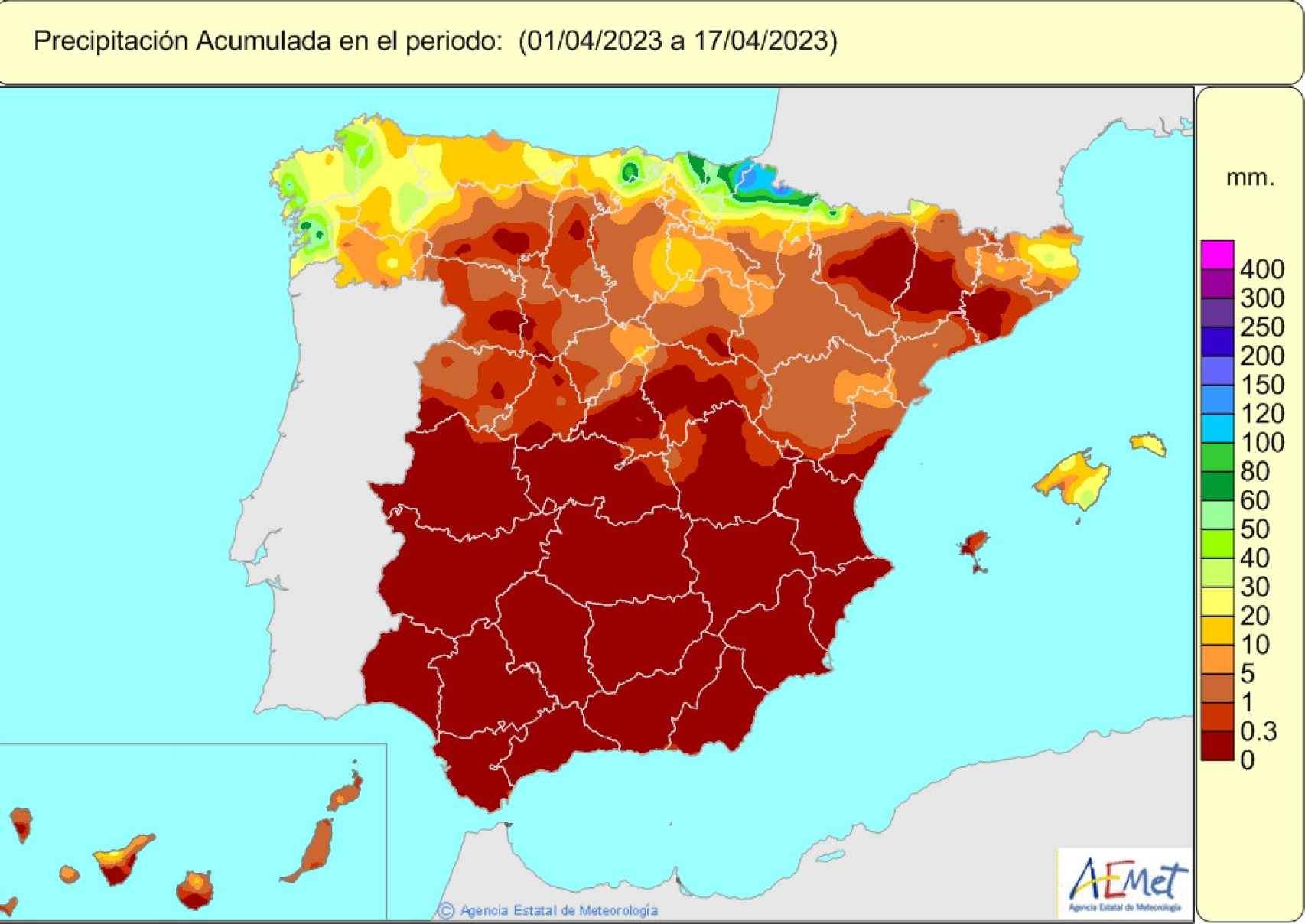 Mapa de precipitación acumulada en España entre el 1 y 17 de abril.