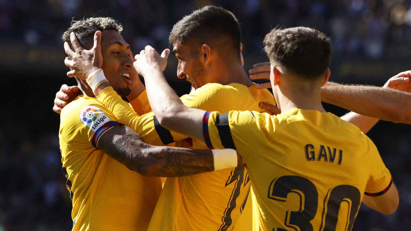 Celebración de los jugadores del Barça tras el gol frente al Atlético.