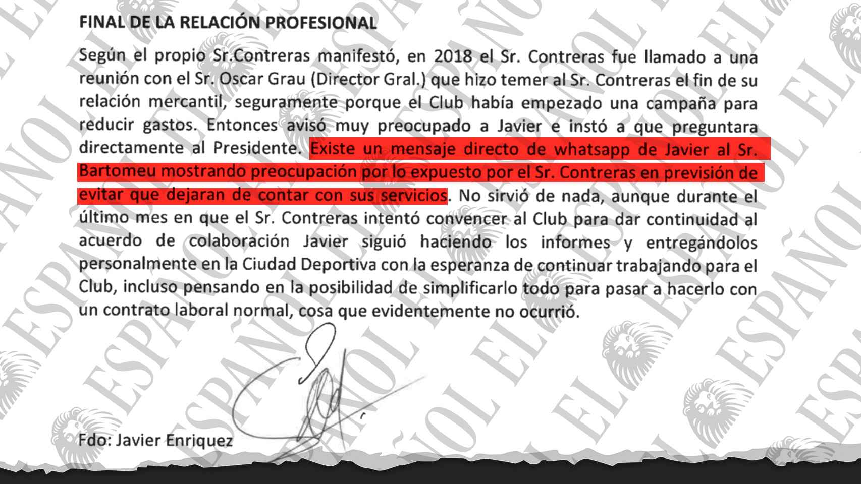 Declaración realizada por Javier Enríquez