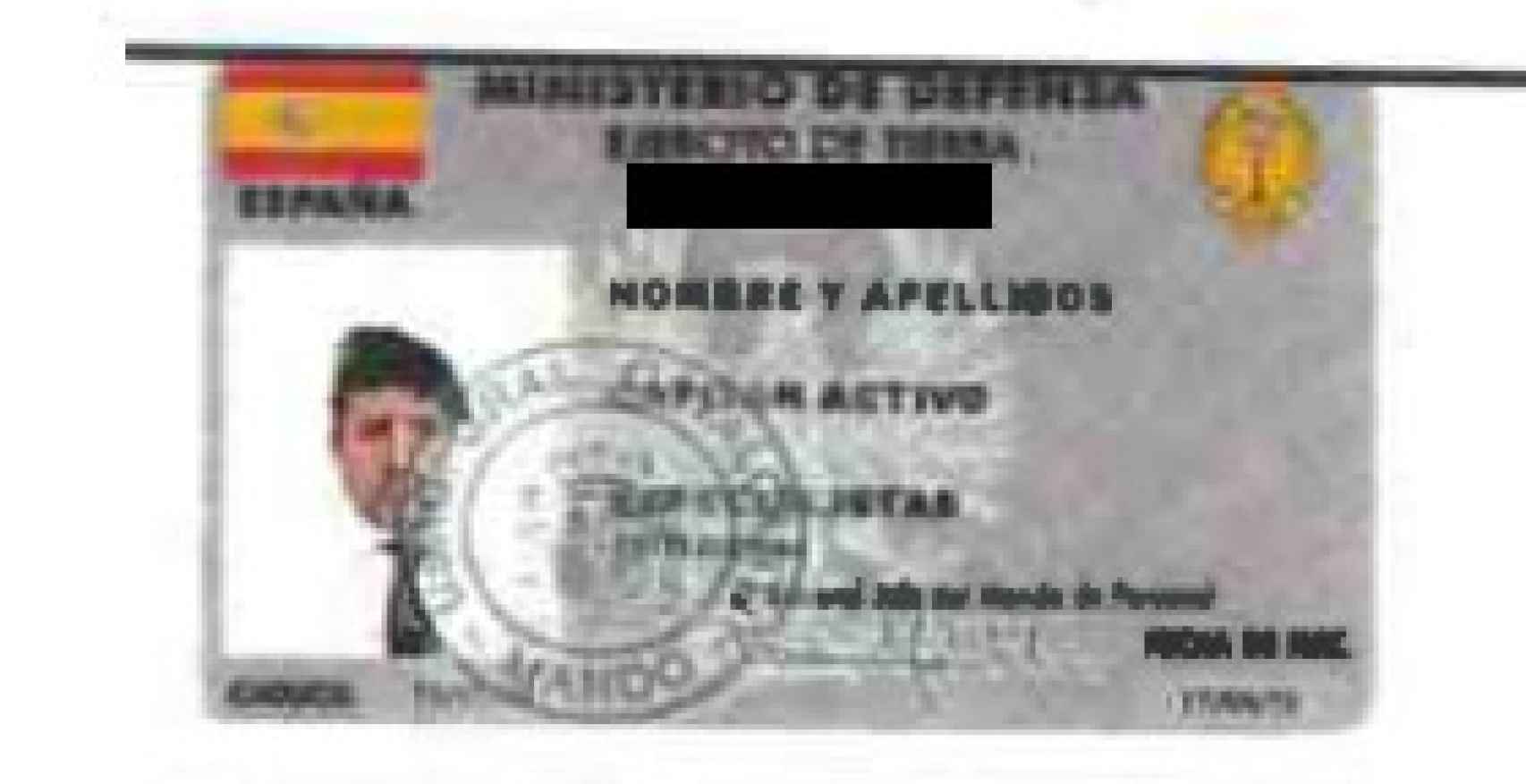 Un carné falso con la fotografía de Luceño disfrazado de capitán.