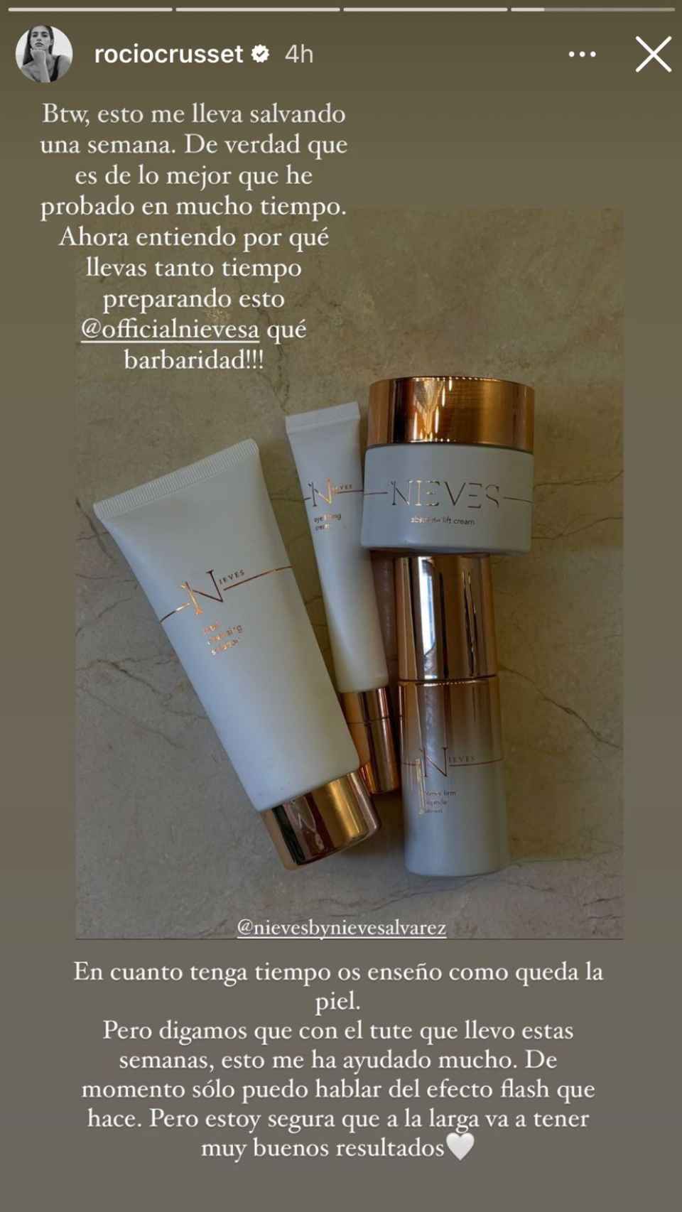 Rocío Crusset ha mostrado los productos de Nieves Álvarez a través de su Instagram.