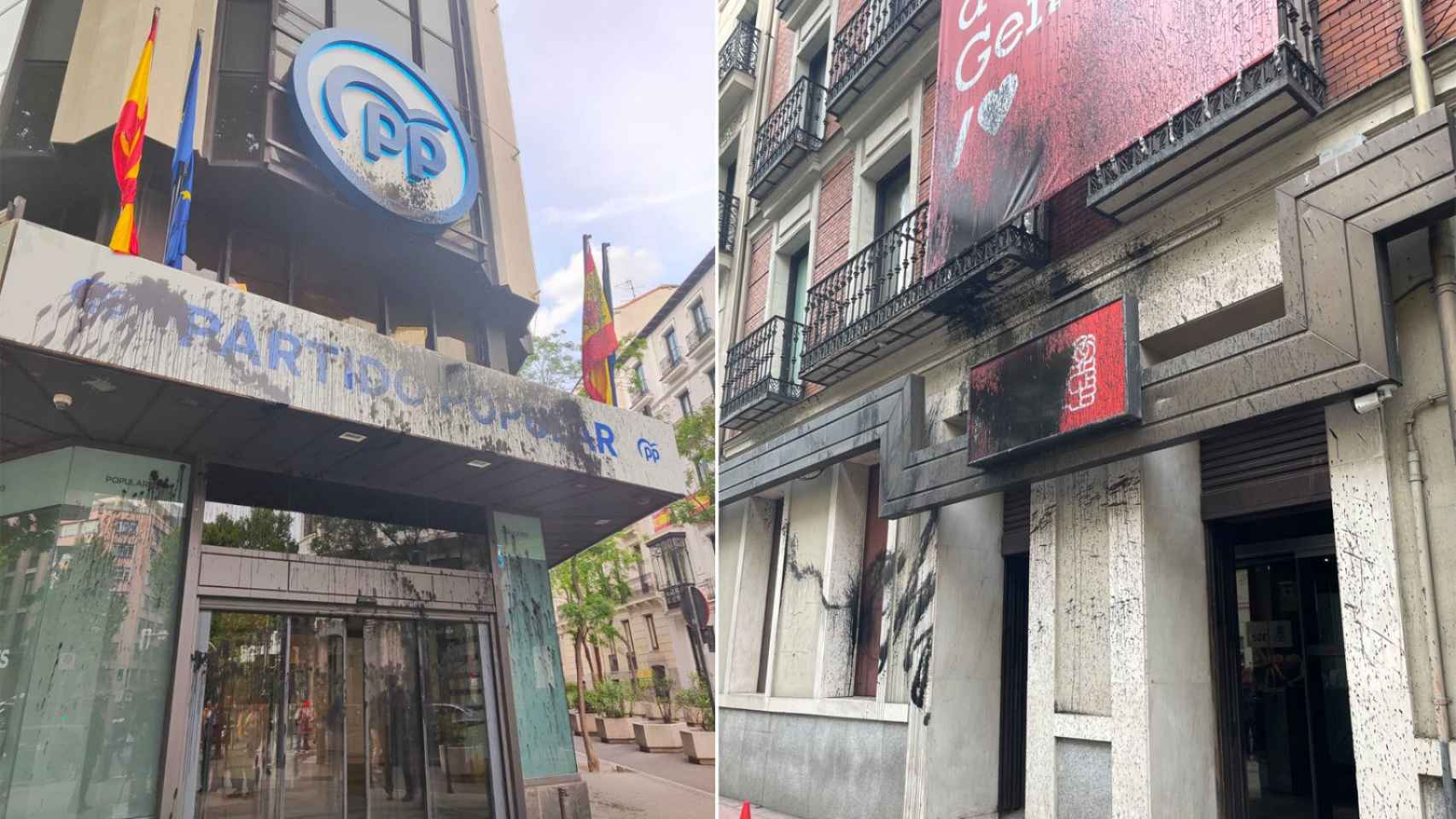 Las sedes nacionales del PP y PSOE, vandalizadas con pintura negra