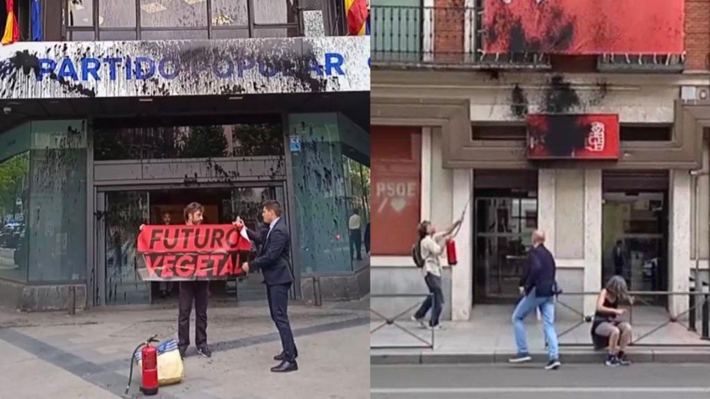 Los ataques de Futuro Vegetal contra las sedes del PP y del PSOE, este lunes.