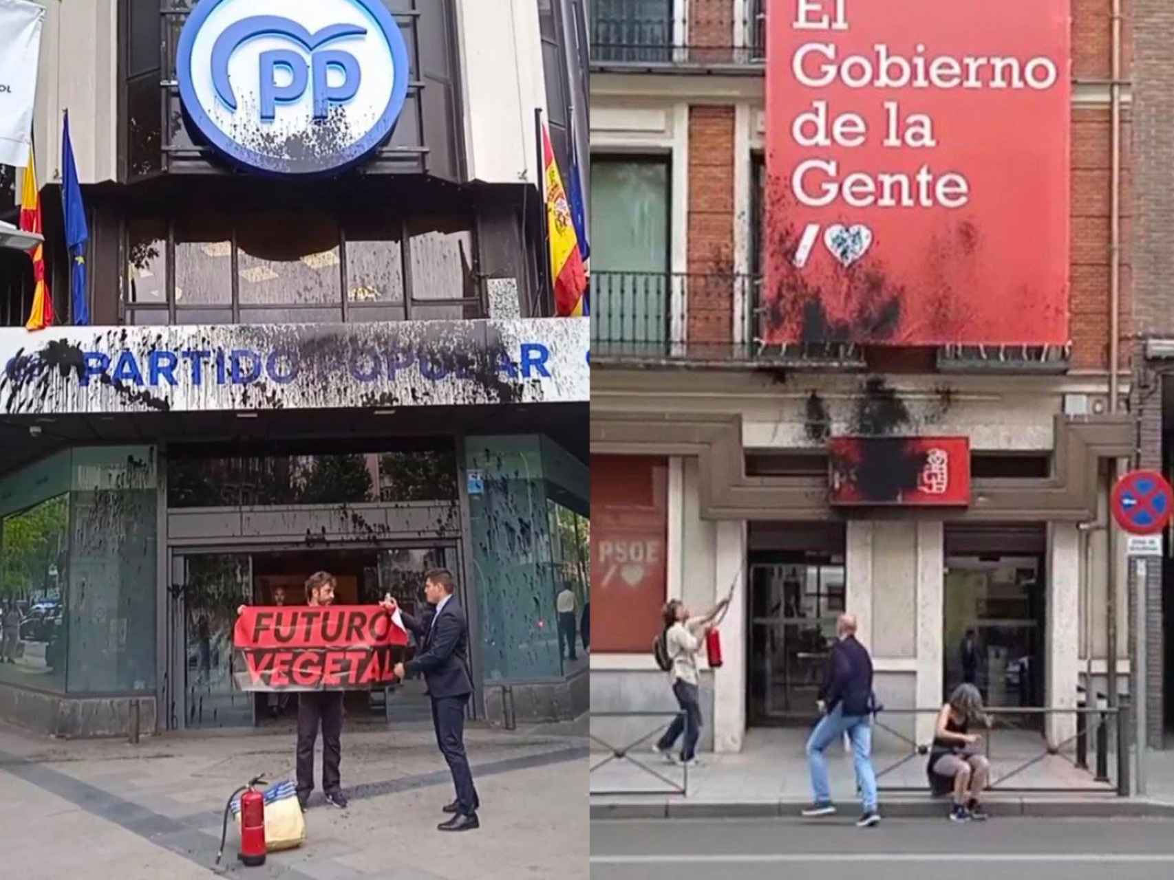 Las sedes del PP en Génova (i) y del PSOE en Ferraz (d), rociadas con pintura negra este lunes.