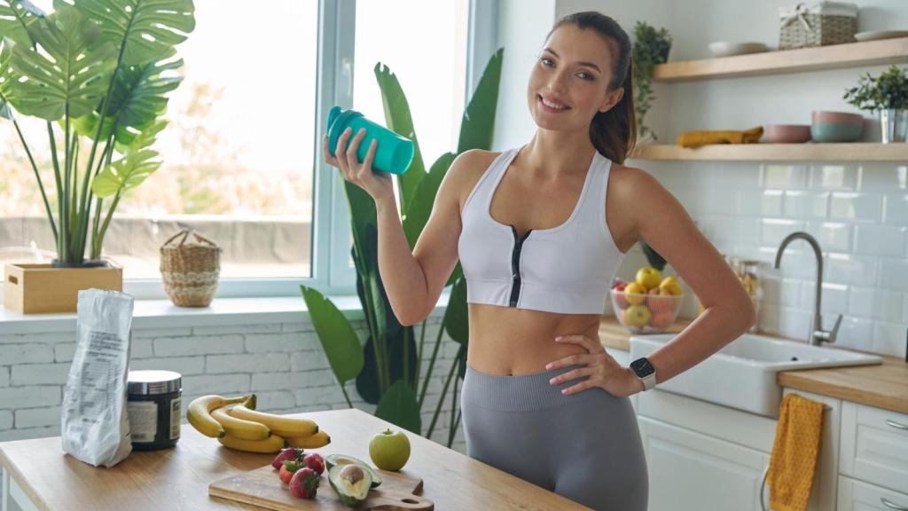 Mujer en ropa deportiva preparando un cóctel de proteínas en casa.