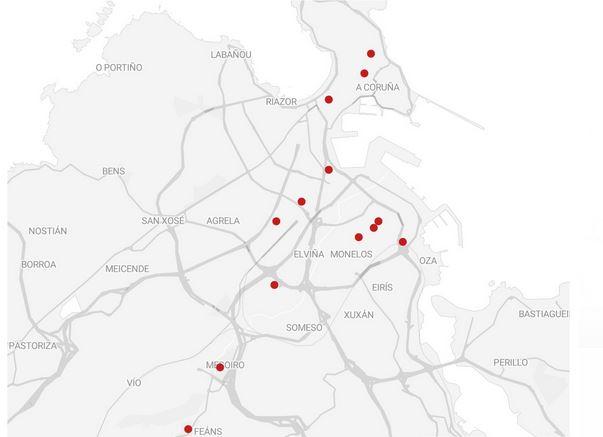 Mapa inmuebles declarados de ruina inminente 2019-2023 (Concello de A Coruña)