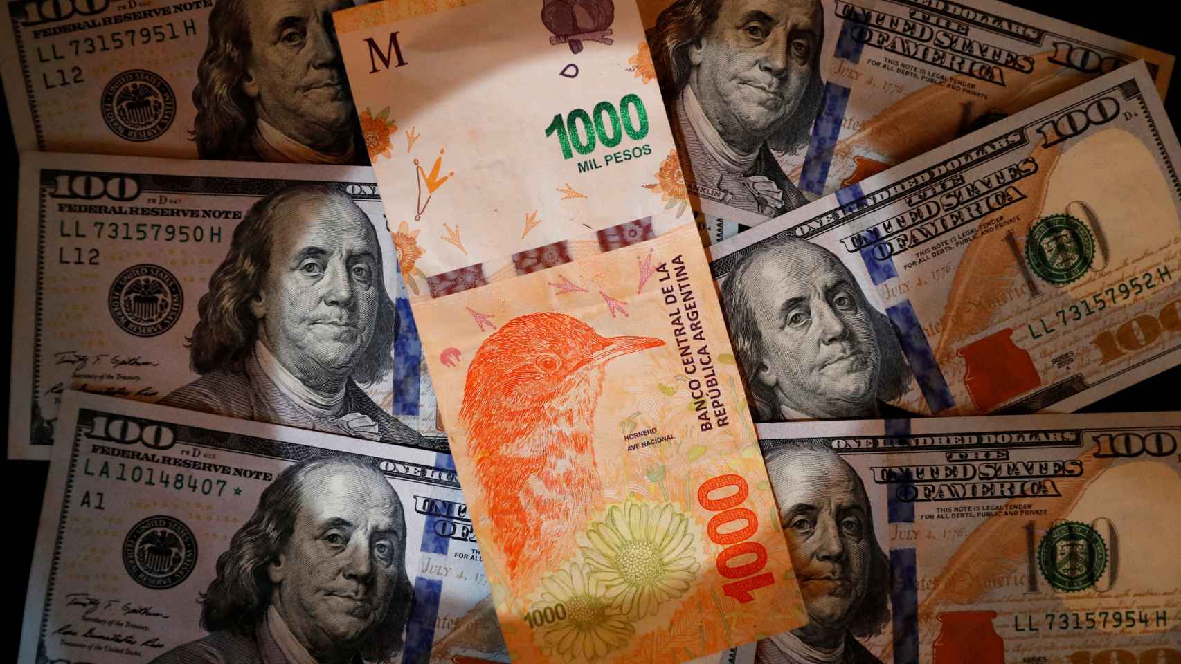 Un billete de mil pesos argentinos sobre varios billetes de cien dólares estadounidenses.