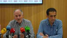 Los secretarios generales de UGT y CCOO en Castilla y León, Faustino Temprano y Vicente Andrés, durante su rueda de prensa de este jueves.