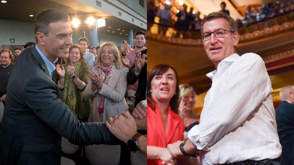 El presidente Pedro Sánchez y el líder de la oposición Alberto Núñez Feijóo en sendos mitines de la precampaña.