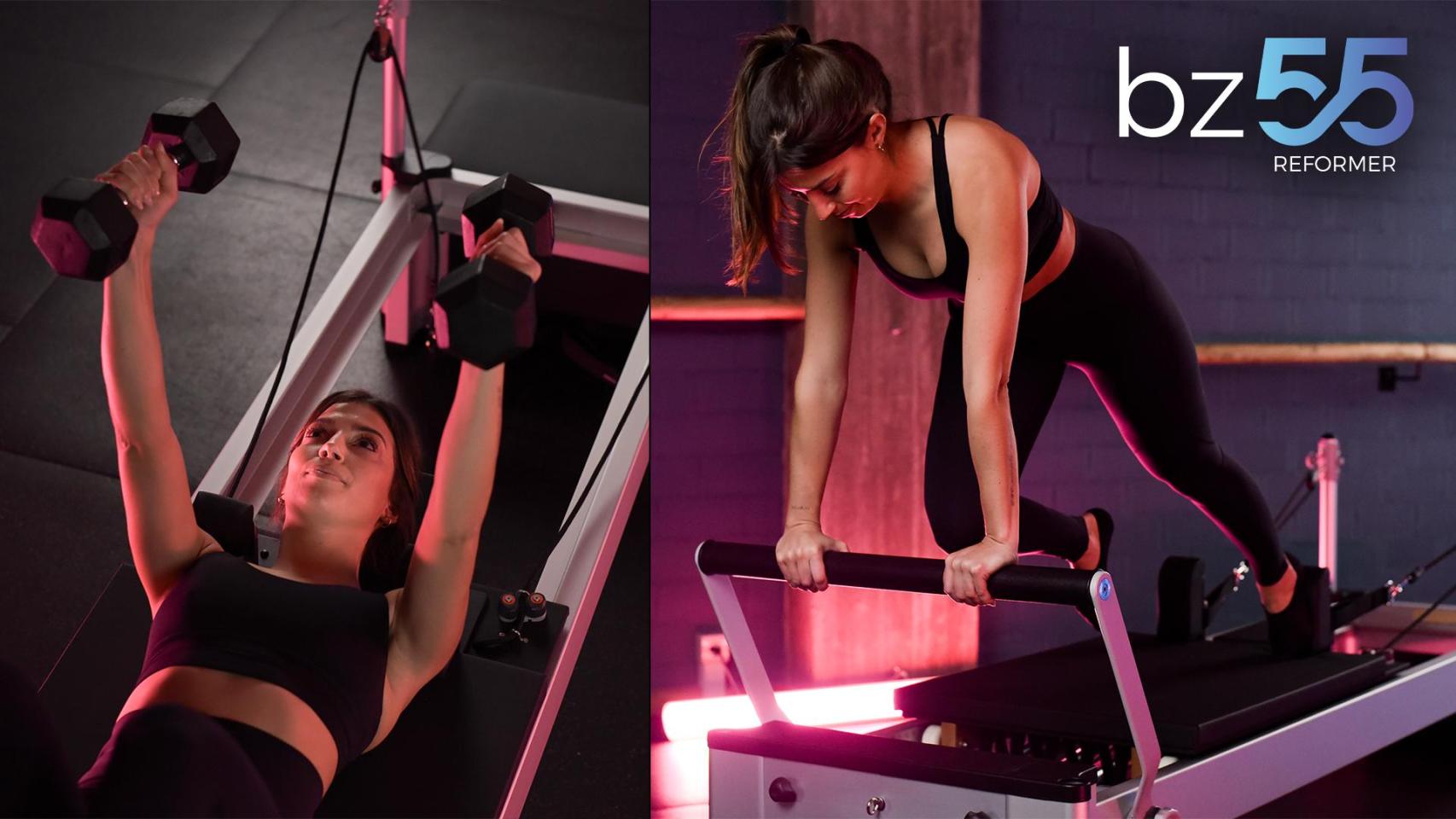 Diferentes imágenes de las máquina Pilates Reformer siendo utilizada