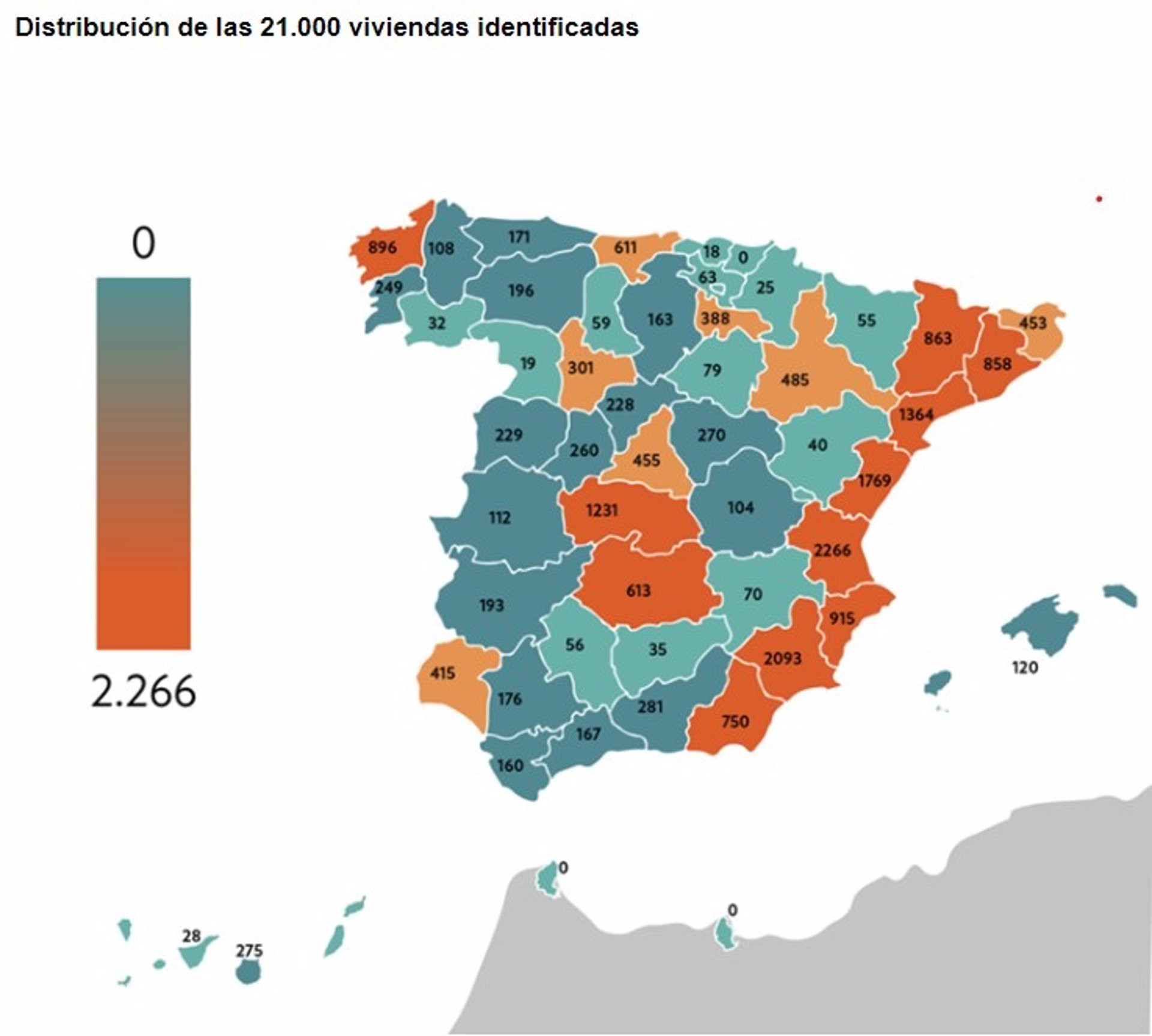 Mapa por provincias de las 21.000 viviendas que Sareb tiene a disposición de las CCAA y que podrían incorporarse al parque público de alquiler, a febrero de 2023.