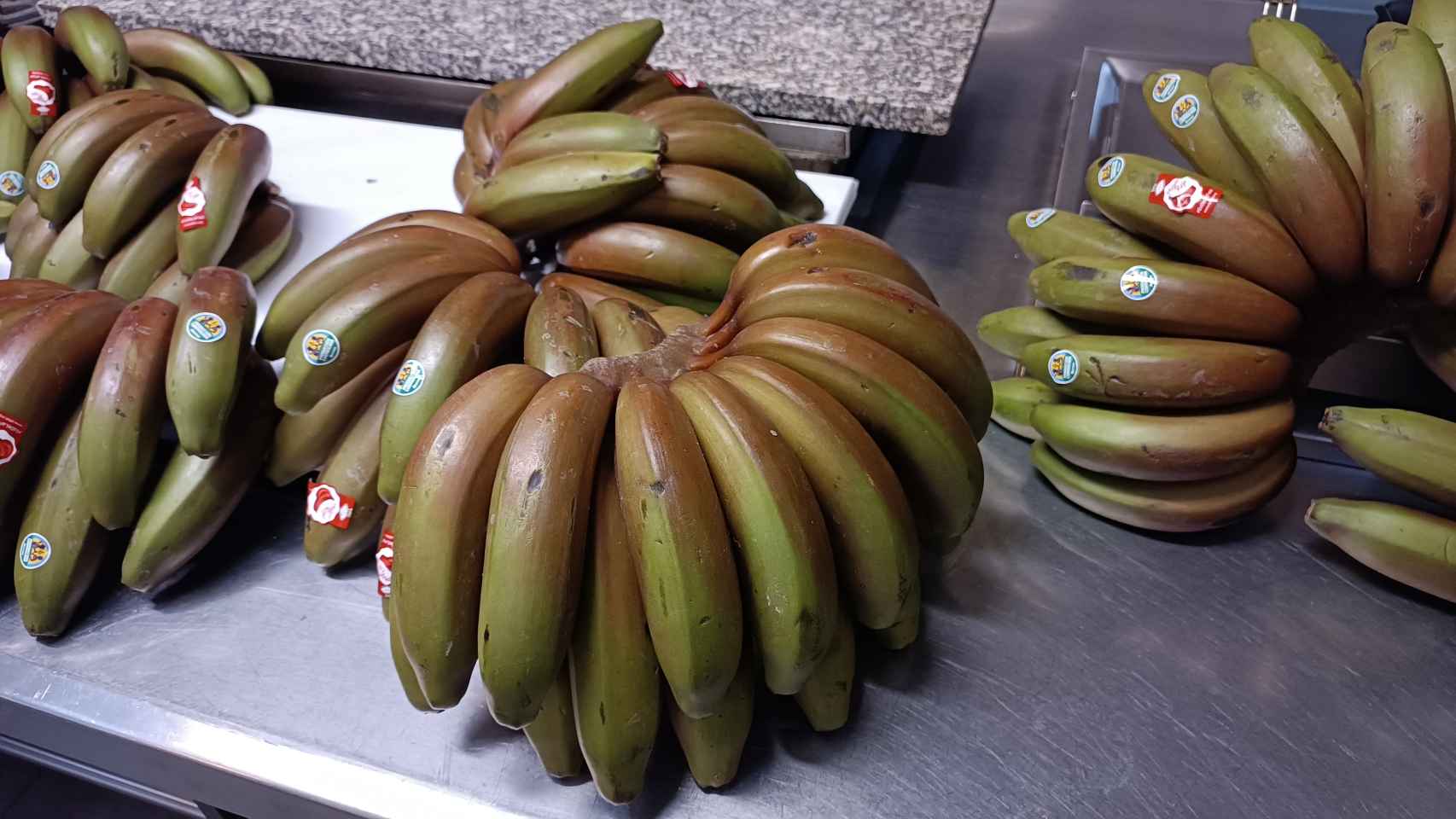 Un grupo de plátanos rojos aún sin madurar. Al hacerlo, se vuelven completamente rojos.
