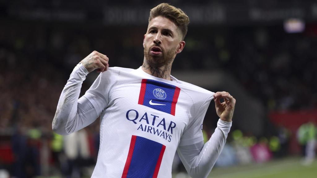 Sergio Ramos, celebrando un gol con el PSG en la temporada 2022/2023