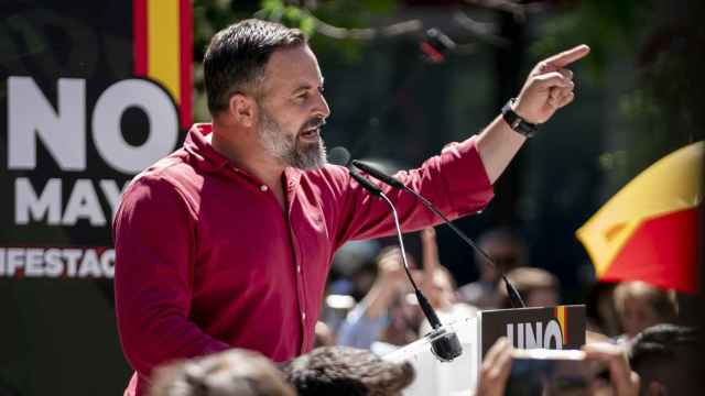 El presidente de Vox, Santiago Abascal, este lunes en el acto organizado en Madrid por el sindicato Solidaridad.