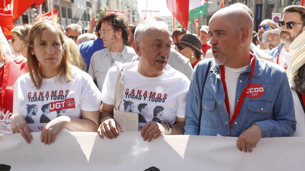 Pepe Álvarez (UGT) y Unai Sordo (CCOO), en la manifestación por el 1 de mayo en Madrid.