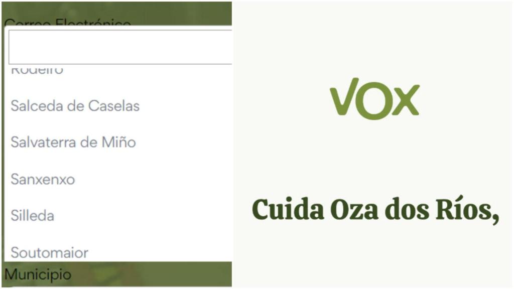 Una captura mostrando el selector de municipios de Pontevedra, con los topónimos oficiales en gallego, y otra con el programa del desaparecido municipio de Oza dos Ríos