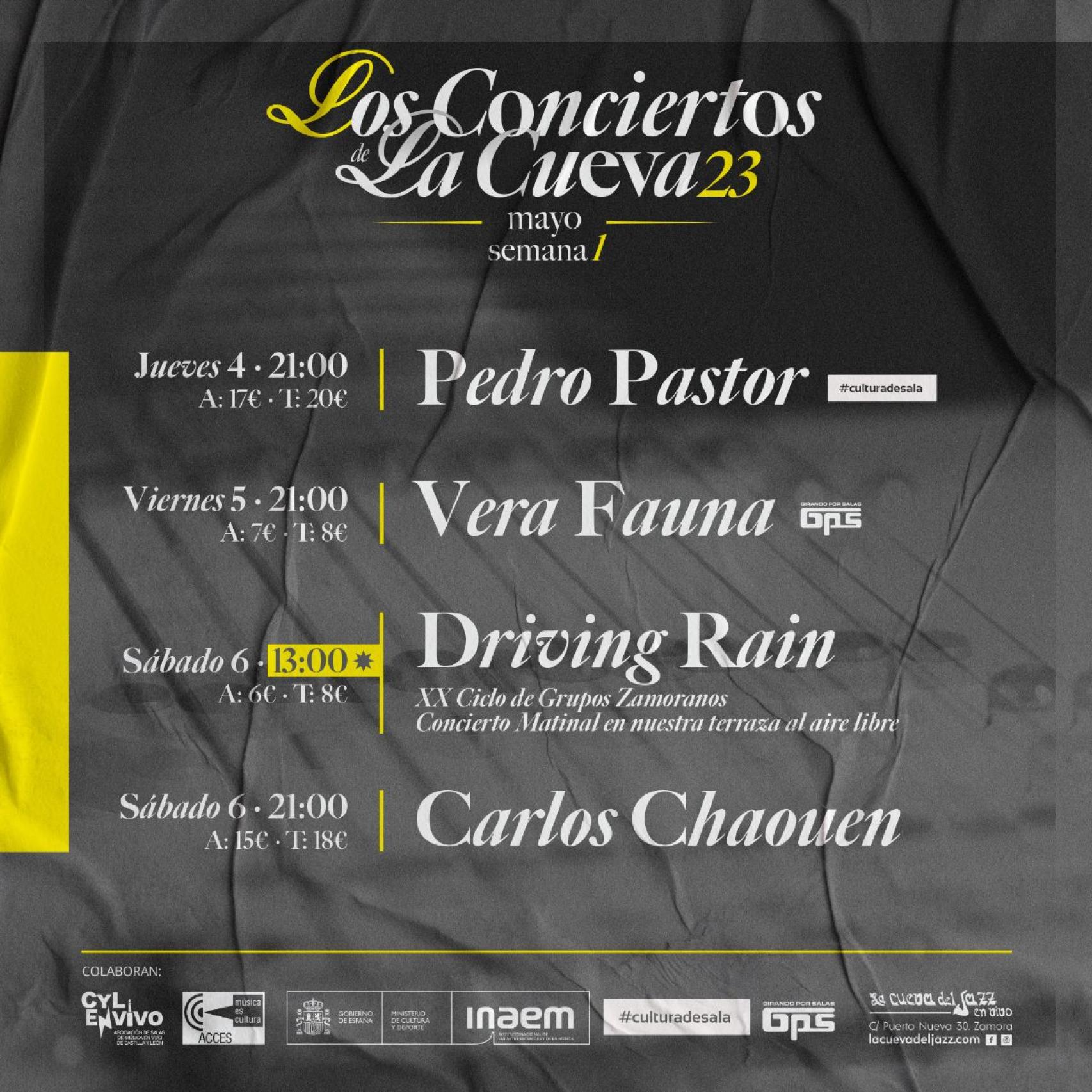 Cartel de los próximos conciertos de La Cueva del Jazz de Zamora