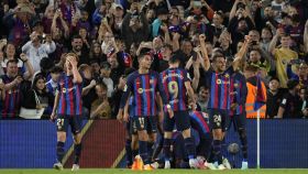 Los jugadores del FC Barcelona, celebrando el gol de la victoria ante Osasuna