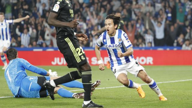 Take Kubo celebra su gol al Real Madrid