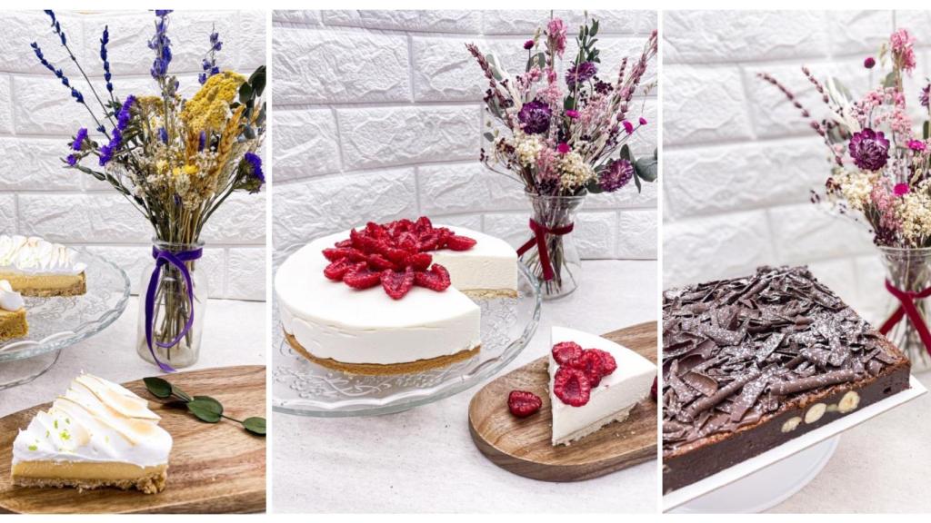 Tartas de limón, de queso con frambuesas y brownie de chocolate.
