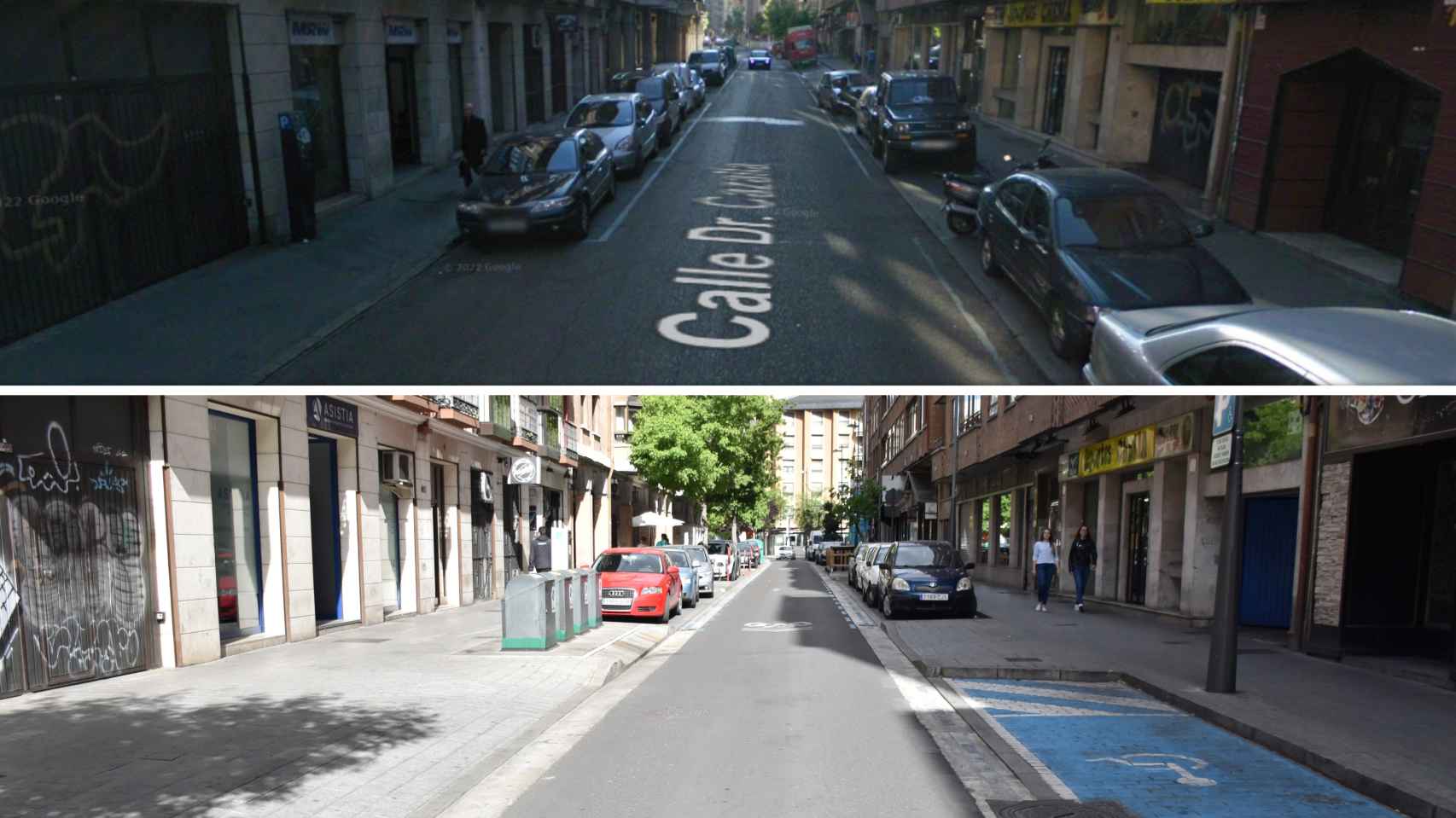 La calle Doctor Cazalla en 2008 (arriba) y en la actualidad.